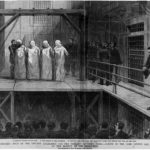 Scene of the execution of four Haymarket Square Riot anarchists. Caption reads ‘The Law Vindicated’-four of the Chicago Anarchists pay the penalty of their crime – scene in the Cook County Jail at the moment of execution. From Frank Leslie’s illustrated newspaper, Vol. 65, no. 1679, November 19, 1887, published by Frank Leslie in New York, New York. Date Depicted: 1887 Date Created: November 19, 1887 Creator: Unknown Creator Copyright: No known copyright restrictions. Credit: Chicago History Museum. Public Domain.