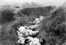 Filipino casualties on the first day of Philippine-American War. Original caption is 'Insurgent dead just as they fell in the trench near Santa Ana, February 5th. The trench was circular, and the picture shows but a small portion.' Date: 5 February 1899. This image is a work of a U.S. Army soldier or employee, taken or made as part of that person's official duties. As a work of the U.S. federal government, the image is in the public domain.