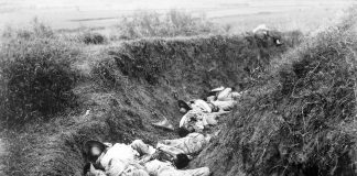 Filipino casualties on the first day of Philippine-American War. Original caption is 'Insurgent dead just as they fell in the trench near Santa Ana, February 5th. The trench was circular, and the picture shows but a small portion.' Date: 5 February 1899. This image is a work of a U.S. Army soldier or employee, taken or made as part of that person's official duties. As a work of the U.S. federal government, the image is in the public domain.