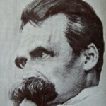 Drawing of Friedrich Nietzsche by Hans Olde (1855–1917). First appeared in the German magazine “Pan”, no. 4 of the fifth year (1899/1900), ca. page 233. Reproduction of a reproduction on a book cover. (1855–1917). Public Domain.