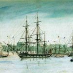 HMS Beagle, (centre) painted in watercolor during the third voyage while surveying Australia, 1841. Artist: Owen Stanley (1811–1850). Public Domain.