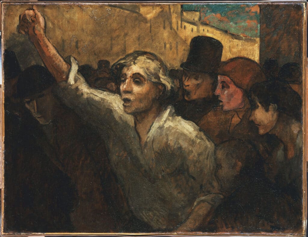 Jeanne Deroin features as the central character in The Uprising (L'Emeute). Oil on canvas painted 1848 or later by Honoré Daumier (1808–1879). Collection: The Phillips Collection Public Domain.