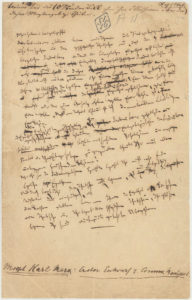 Manuscript page communist manifest. Almost illegible only surviving manuscript page of the communitic manifesto of Karl Marx. Date end 1847. Written by Karl Marx. Public Domain.