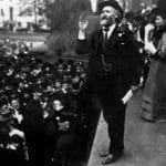 Keir Hardie speaking in 1908 at Trafalgar Square at a Women’s Suffrage demonstration. Just behind is the founder of the Women’s Social and Political Union, Emmeline Pankhurst. Photo: Unknown. Public Domain.