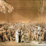Le Serment du Jeu de paume. The National Assembly taking the Tennis Court Oath. Sketch from 1791 by Jacques-Louis David (1748–1825), French painter and politician. Collection: Palace of Versailles. Public Domain.