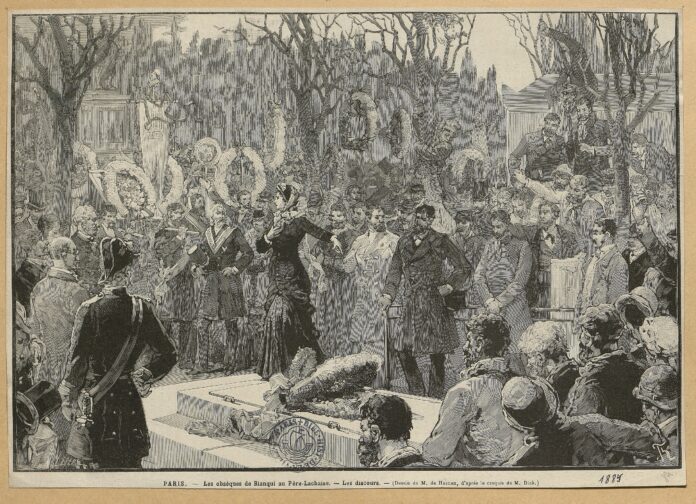 Blanqui's funeral at Père-Lachaise. Ilustrated by Dick de Lonlay (1846–1893) and Frédéric de Haenen (1853–1929). Public Domain.