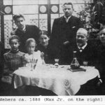 Weber family: ca. 1888. Max Weber (Jr.) on the right. To the left, possibly: Max Weber. Sr, Helene Weber, Max. Jr. two out of three brothers (Alfred, Arthur, Karl), then possibly sisters? Photo: Unknown. Public Domain.