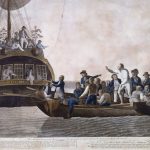 The Mutineers turning Lt Bligh and part of the Officers and Crew adrift from His Majesty’s Ship the Bounty, 29th April 1789. Hand-colored aquatint made by Robert Dodd (1748–1815), British marine painter and engraver. Published by B B Evans on 2 October 1790. Collection: National Maritime Museum, Greenwich, London. Public Domain. See below 28 April 1789.