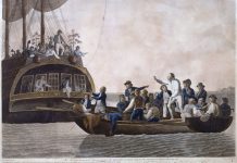 The Mutineers turning Lt Bligh and part of the Officers and Crew adrift from His Majesty's Ship the Bounty, 29th April 1789. Hand-colored aquatint made by Robert Dodd (1748–1815), British marine painter and engraver. Published by B B Evans on 2 October 1790. Collection: National Maritime Museum, Greenwich, London. Public Domain. See below 28 April 1789.