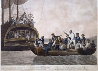 The Mutineers turning Lt Bligh and part of the Officers and Crew adrift from His Majesty's Ship the Bounty, 29th April 1789. Hand-colored aquatint made by Robert Dodd (1748–1815), British marine painter and engraver. Published by B B Evans on 2 October 1790. Collection: National Maritime Museum, Greenwich, London. Public Domain. See below 28 April 1789.
