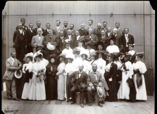 Group portrait of the delegates to the Niagara Movement meeting in Boston, Massachusetts in 1907;W. E. B. Du Bois is seated in front row, next to him is Clement G. Morgan. Niagara Movement delegates, Boston, Mass., 28 August 1907. Photo: Elmer Chickering (1857–1915). Public domain. See below February 26, 1868.