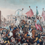 To Henry Hunt, Esq., as chairman of the meeting assembled in St. Peter’s Field, Manchester, sixteenth day of August, 1819, and to the female Reformers of Manchester and the adjacent towns who were exposed to and suffered from the wanton and fiendish attack made on them by that brutal armed force, the Manchester and Cheshire Yeomanry Cavalry, this plate is dedicated by their fellow labourer, Richard Carlile. A coloured engraving that depicts the Peterloo Massacre (military suppression of a demonstration in Manchester, England by cavalry charge on August 16, 1819 with loss of life) in Manchester, England. All the poles from which banners are flying have Phrygian caps or liberty caps on top. Not all the details strictly accord with contemporary descriptions; the banner the woman is holding should read: Female Reformers of Roynton — “Let us die like men and not be sold like slaves”. Date: 1 October 1819. Drawing by Richard Carlile (1790–1843)/ From Manchester Libraries. Public Domain.