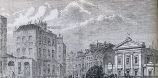 The Polygon, Somers Town in 1850 (from an original sketch). An area of London, where William Godwin had lived there with his wife Mary Wollstonecraft, writer, philosopher and feminist. The area appears to have appealed to middle-class people fleeing the French Revolution. St Aloysius Chapel on right opened 8 April 1808. Engraving by Joseph Swain (1820-1909), English wood-engraver associated with Punch magazine. Public Domain.