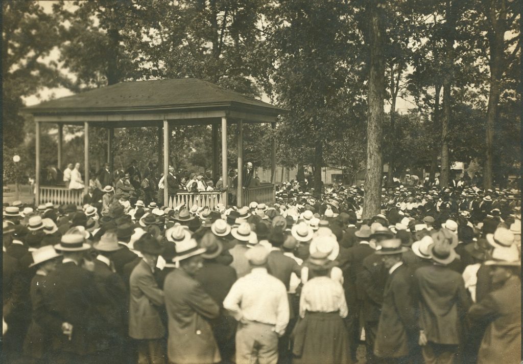 Eugene Debs delivers his famous antiwar speech at Canton, Ohio, June 16, 1918. This photograph was used as Government Exhibit Number 17 for the prosecution. (National Archives at Chicago, RG 21). Photo: Unknown/. Public Domain. 