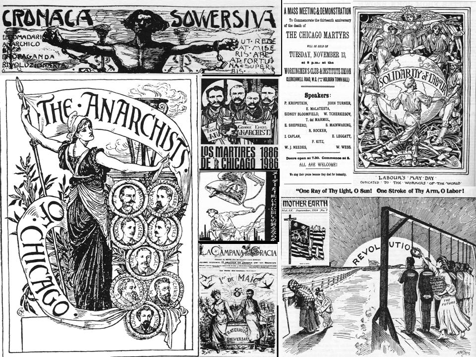 Collage af samtidige plakater om anarkisme, 1. maj og Haymarket-martyrerne.