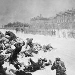 The Russian Revolution, 1905: Artistic impression of Bloody Sunday in St Petersburg, Russia, when unarmed demonstrators marching to present a petition to Tsar Nicholas II were shot at by the Imperial Guard in front of the Winter Palace on 22 January 1905. Photo: Ivan Vladimirov  (1869–1947). Public domain.