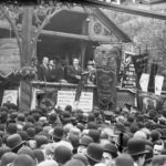 James Connolly addressing the masses in Union Square on May Day in 1908. It is the only published photograph of the labour activist during his time in the US and one of the only occasions he was ever photographed speaking. Photograph: Library of Congress. Public Domain.
