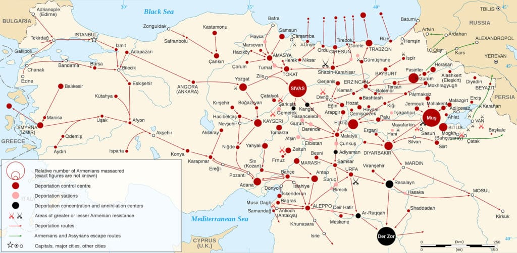 Map of the Armenian Genocide in 1915. Each size shows a massacre. There are three types of massacre: in a control centre (red dot), in a station (pink dot), in a concentration and annihilation center (black dot). The size of the dot shows the relative number of killed Armenians. Each pair of swords shows an area of Armenian resistance: greater resistance (red swords) or lesser resistance (black swords). The different size of swords is to save space into the map, it means nothing. Dots in Black Sea representing Armenians (mainly women and children) drowned into the sea (see Armenian Genocide for references). Date: 6 February 2008. (CC BY-SA 3.0).