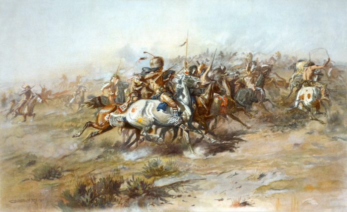 The Custer Fight. Lithograph from 1903 by Charles Marion Russell (1864–1926). Collection Library of Congress. Public Domain.