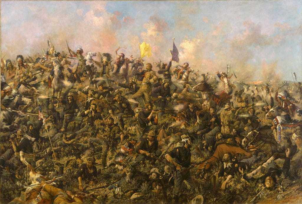 Custer's Last Stand, Oil painting on canvas made in 1899 by Edgar Samuel Paxson (1852–1919). Collection Buffalo Bill Center of the West at Whitney Gallery of Western Art Collection. Public Domain.