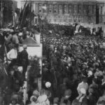 V. I. Lenin making a speech at a meeting dedicated to the laying of the foundation stone for a monument to K. Liebknecht and R. Luxemburg, in Dvorstsovaya Square. Petrograd, 19 July 1920. Photo: Viktor Bulla (1883–1938). Public Domain.