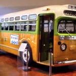 The bus on which Rosa Parks refused to give up her seat sparking the Montgomery Bus Boycott, a U.S. civil rights landmark. Photo: by rmhermen (uploaded 18 April 2005). (CC BY-SA 3.0).