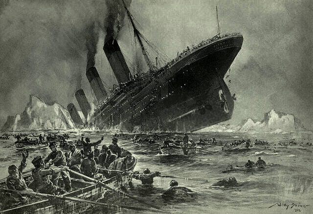 Titanic sinking. Engraving by Willy Stöwer (died on 31st May 1931): Der Untergang der Titanic. Date: 1912. Für die Magazine „Gartenlaube‟ gezeichnet von Professor Willy Stöwer. Public Domain. 