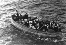 Titanic. Last lifeboat arrived, filled with Titanic survivors. This photograph was taken by a passenger of the Carpathia, the ship that received the Titanic's distress signal and came to rescue the survivors. It shows the last lifeboat successfully launched from the Titanic. Date: 15 April 1912 (original photo taken). Photo: passenger on the Carpathia. Public Domain.