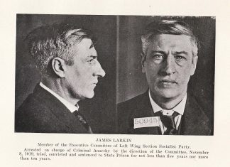 Mugshot of James Larkin arrested on charge of criminal anarchy in 1919. Se mere nedenfor 26. august 1913. Public Domain