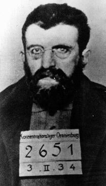 Identification picture of Erich Mühsam taken in the Oranienburg concentration camp. Arrested during the massive roundup of Nazi political opponents following the Reichstag fire (February 27, 1933), Mühsam was tortured to death in Oranienburg on July 11, 1934. Oranienburg, Germany, February 3, 1934.