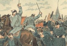 5. maj 1872 blev demonstration til Fælleden angrebet af politi og militær. Samtidig blev "førerne" af Internationales sektion (parti og fagforeninger samlet i én organisation) Pio, Brix og Geleff arresteret, og først 4-5 år senere blev arbejderbevægelsen egentligt organiseret igen. Tegning fra satirebladet "Ravnen" i 1889.