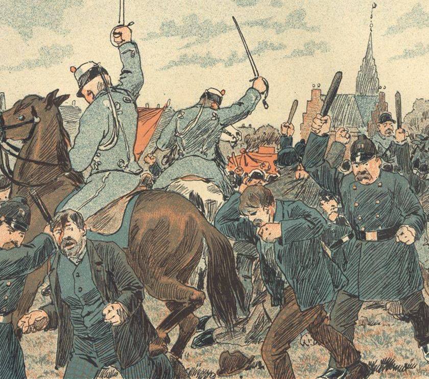 5. maj 1872 blev demonstration til Fælleden angrebet af politi og militær. Samtidig blev "førerne" af Internationales sektion (parti og fagforeninger samlet i én organisation) Pio, Brix og Geleff arresteret, og først 4-5 år senere blev arbejderbevægelsen egentligt organiseret igen. Tegning fra satirebladet "Ravnen" i 1889.