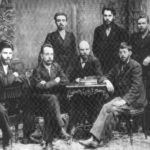 A meeting of the St. Petersburg chapter of the Union of Struggle for the Liberation of the Working Class in February 1897. Shortly after the picture was taken the whole group was arrested by the Okhrana. From left to right (standing) : A.L. Malchenko, P. K. Zaporozhets, Anatoly Vaneyev. (sitting) : Victor V. Starkov, Gleb Krzhizhanovsky, Vladimir Lenin and Julius Martov. Saint Petersburg, February 1897. Photo: Nadezhda Konstantinovna Krupskaya (1869-1939). Public Domain.