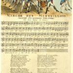 Marche des Marseillois. Revolutionary satire: song sheet recording the ‘Marseillaise’, under French soldiers marching and singing; version of French print. 10 November 1792. Hand-coloured etching by Richard Newton. Collection: Museum Britànica. Public Domain.