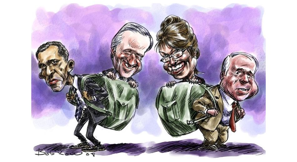 Obama and McCain with their vices Biden and Palin, september 23,2008. Drawing: Roberto Bobrow. (CC BY-NC-ND 2.0).