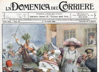 The first page of the edition of the Domenica del Corriere, an Italian paper, with a drawing of Achille Beltrame (1871–1945), Italian paninter and illustrator, depicting Gavrilo Princip killing Archduke Francis Ferdinand of Austria in Sarajevo, 12 July 1914. Public Domain.