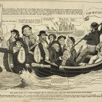 ‘The Ministers and their cronies off to Botany Bay, and the Dorcester men returning’. Politicians in tears on a boat, going away from the shore; free Dorchester Unionists on another boat, getting closer to the shore. At the bow is a flag reading ‘FOR BOTANY BAY’. The two oarsmen guide the boat towards a ship from which is returning another boat, containing two oarsmen and the six Tolpuddle Martyrs. Among the politicians are Lord Chancellor Brougham, with two money-bags marked ‘PENNY’ and ‘MAGAZINE’, and holding a rolled-up paper reading ‘CHEAP LAW’. Brougham is being comforted by Lord Melbourne. The Chancellor of the Exchequer Viscount Althorp, has a sack bearing the word ‘BUDGET’. The Duke of Wellington declaims ‘Never mind M-lb-n, we no doubt can get places among the Cannibals at Bottomhouse Bay. An Irishman and a Scotsman look on, while John Bull addresses the politicians. Image taken from The Political drama. [A series of caricatures.] Originally published/produced in [London] : Printed and published by G. Drake, 12, Houghton Street, Clare Market, [1834-1835]. Image taken from The Political drama. [A series of caricatures.] Held and digitised by the British Library (CC0 1.0). See more below, March 18, 1834.