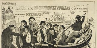 'The Ministers and their cronies off to Botany Bay, and the Dorcester men returning'. Politicians in tears on a boat, going away from the shore; free Dorchester Unionists on another boat, getting closer to the shore. At the bow is a flag reading 'FOR BOTANY BAY'. The two oarsmen guide the boat towards a ship from which is returning another boat, containing two oarsmen and the six Tolpuddle Martyrs. Among the politicians are Lord Chancellor Brougham, with two money-bags marked 'PENNY' and 'MAGAZINE', and holding a rolled-up paper reading 'CHEAP LAW'. Brougham is being comforted by Lord Melbourne. The Chancellor of the Exchequer Viscount Althorp, has a sack bearing the word 'BUDGET'. The Duke of Wellington declaims 'Never mind M-lb-n, we no doubt can get places among the Cannibals at Bottomhouse Bay. An Irishman and a Scotsman look on, while John Bull addresses the politicians. Image taken from The Political drama. [A series of caricatures.] Originally published/produced in [London] : Printed and published by G. Drake, 12, Houghton Street, Clare Market, [1834-1835]. Image taken from The Political drama. [A series of caricatures.] Held and digitised by the British Library (CC0 1.0) See more below, March 18, 1834.