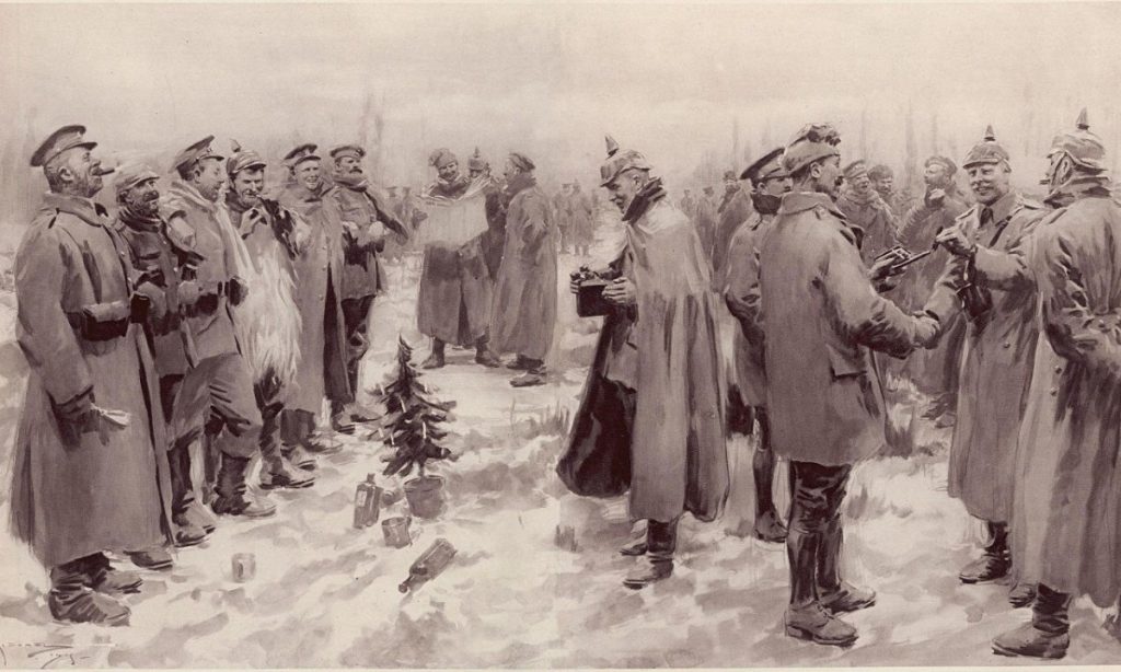 During the Christmas days of the first World War’s first winter, there were widespread incidents mostly on the Western Front of truce, fraternization and even attempts to organize football matches.