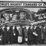 Reallity meets the American dream. Queue of black residents of Louisville KY waiting for distribution of relief supplies during the 1937 Ohio River flood. Photo: Margaret Bourke-White, the first female photographer for Life/Time, captured iconic images that painted a vast global political and socioeconomic landscape. Public Domain.