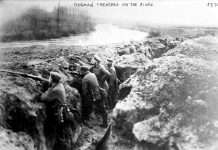 German Trenches on the Aisne during the First World War. The photograph is undated. The men are not wearing helmets so this is early in the war, possibly 1914 or 1915. Source: Library of Congress. Author: Bain News Service (publisher) Permission (Reusing this file) "No known restrictions on publication" according to LOC.