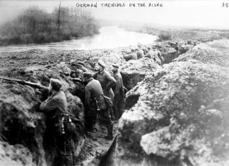 German Trenches on the Aisne during the First World War. The photograph is undated. The men are not wearing helmets so this is early in the war, possibly 1914 or 1915. Source: Library of Congress. Author: Bain News Service (publisher) Permission (Reusing this file) "No known restrictions on publication" according to LOC.