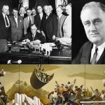 Top left: The Tennessee Valley Authority, part of the New Deal, being signed into law in 1933. Top right: FDR (President Franklin Delano Roosevelt) was responsible for the New Deal. Bottom: A public mural from one of the artists employed by the New Deal’s WPA program. Date: 11 January 2008 (original upload date). Collage: LordHarris at English Wikipedia. Public Domain.