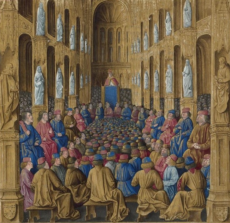 Miniature: Pope Urban II preaching at the Council of Clermont. Sébastien Mamerot, Les passages d'outremer. Made in 1474 by Jean Colombe (1430–1493). Collection: Bibliothèque nationale de France. Public Domain.