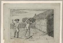 Den Lykkelige. Satire med hentydning til den store, litterære strid, som dengang førtes om proprietær og bonde. Grafik fra 1787 af Nicolai Abraham Abildgaard (1743-1809), maler. Public Domain.