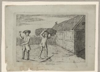 Den Lykkelige. Satire med hentydning til den store, litterære strid, som dengang førtes om proprietær og bonde. Grafik fra 1787 af Nicolai Abraham Abildgaard (1743-1809), maler. Public Domain.