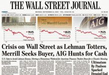 Frontpage of Wall Street Journal on the Finance Crisis and Lehman Brothers. 2008.