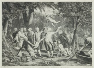 Mirabeau arrive aux Champs Élisées. Print shows Mirabeau at center arriving at the Champs Élisées where he hands a copy of the French Constitution to J.J. Rousseau as Benjamin Franklin reaches to place a wreath on his head; in the left background Fénelon, Montesquieu, Voltaire, and Mably come to greet him, and in the right background Demosthenes and Cicero are talking together, on the far right, Charon uses an oar to push his boat off from shore. Published: Paris, 1791. Engraving on off-white wove paper by Louis Joseph Masquelier (1741-1811), French draughtsman and engraver, and Jean Michel Moreau (1741-1814), French draughtsman, illustrator and engraver. Collection: French Political Cartoon Collection (Library of Congress, Washington, DC., USA). Public Domain.