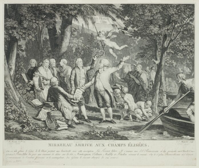 Mirabeau arrive aux Champs Élisées. Print shows Mirabeau at center arriving at the Champs Élisées where he hands a copy of the French Constitution to J.J. Rousseau as Benjamin Franklin reaches to place a wreath on his head; in the left background Fénelon, Montesquieu, Voltaire, and Mably come to greet him, and in the right background Demosthenes and Cicero are talking together, on the far right, Charon uses an oar to push his boat off from shore. Published: Paris, 1791. Engraving on off-white wove paper by Louis Joseph Masquelier (1741-1811), French draughtsman and engraver, and Jean Michel Moreau (1741-1814), French draughtsman, illustrator and engraver. Collection: French Political Cartoon Collection (Library of Congress, Washington, DC., USA). Public Domain.