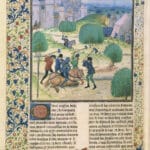 Assassination of an English knight. Illustration from the manuscript of Jean de Wavrin, Chroniques d’Angleterre, 15th century. Illumination on parchment from 1500 by Master of Margaret of York (1446-1503), British painter, illustrator. Collection: Bibliothèque nationale de France. Public Domain.